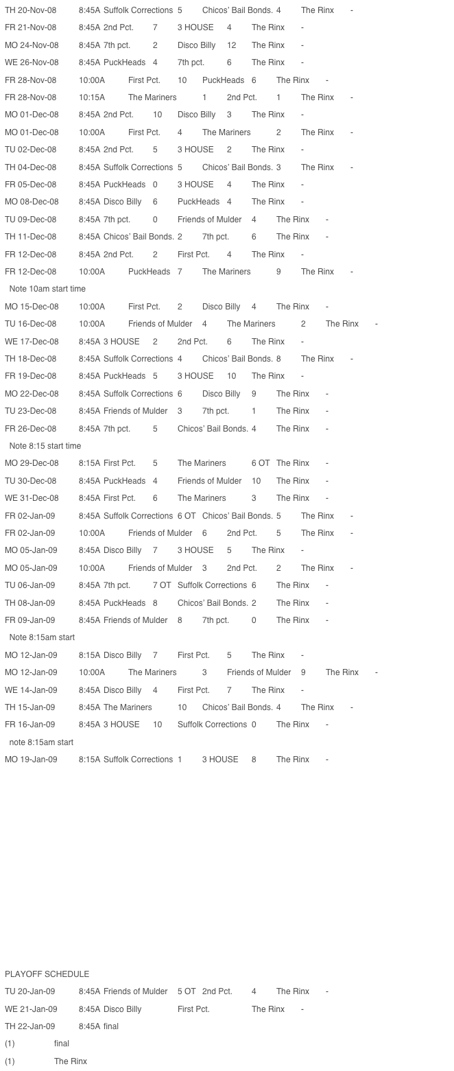 TH 20-Nov-08 	8:45A 	Suffolk Corrections 	5 	Chicos’ Bail Bonds. 	4  	The Rinx 	- FR 21-Nov-08 	8:45A 	2nd Pct. 	7 	3 HOUSE 	4 	The Rinx 	- MO 24-Nov-08 	8:45A 	7th pct. 	2 	Disco Billy 	12 	The Rinx 	- WE 26-Nov-08 	8:45A 	PuckHeads 	4 	7th pct. 	6 	The Rinx 	- FR 28-Nov-08 	10:00A 	First Pct. 	10 	PuckHeads 	6 	The Rinx 	- FR 28-Nov-08 	10:15A 	The Mariners 	1 	2nd Pct. 	1 	The Rinx 	- MO 01-Dec-08 	8:45A 	2nd Pct. 	10 	Disco Billy 	3 	The Rinx 	- MO 01-Dec-08 	10:00A 	First Pct. 	4 	The Mariners 	2 	The Rinx 	- TU 02-Dec-08 	8:45A 	2nd Pct. 	5 	3 HOUSE 	2 	The Rinx 	- TH 04-Dec-08 	8:45A 	Suffolk Corrections 	5 	Chicos’ Bail Bonds. 	3 	The Rinx 	- FR 05-Dec-08 	8:45A 	PuckHeads 	0 	3 HOUSE 	4 	The Rinx 	- MO 08-Dec-08 	8:45A 	Disco Billy 	6 	PuckHeads 	4 	The Rinx 	- TU 09-Dec-08 	8:45A 	7th pct. 	0 	Friends of Mulder 	4 	The Rinx 	- TH 11-Dec-08 	8:45A 	Chicos’ Bail Bonds. 	2 	7th pct. 	6 	The Rinx 	- FR 12-Dec-08 	8:45A 	2nd Pct. 	2 	First Pct. 	4 	The Rinx 	- FR 12-Dec-08 	10:00A 	PuckHeads 	7 	The Mariners 	9 	The Rinx 	-   Note 10am start timeMO 15-Dec-08 	10:00A 	First Pct. 	2 	Disco Billy 	4 	The Rinx 	- TU 16-Dec-08 	10:00A 	Friends of Mulder 	4 	The Mariners 	2 	The Rinx 	- WE 17-Dec-08 	8:45A 	3 HOUSE 	2 	2nd Pct. 	6 	The Rinx 	- TH 18-Dec-08 	8:45A 	Suffolk Corrections 	4 	Chicos’ Bail Bonds. 	8 	The Rinx 	- FR 19-Dec-08 	8:45A 	PuckHeads 	5 	3 HOUSE 	10 	The Rinx 	- MO 22-Dec-08 	8:45A 	Suffolk Corrections 	6 	Disco Billy 	9 	The Rinx 	- TU 23-Dec-08 	8:45A 	Friends of Mulder 	3 	7th pct. 	1 	The Rinx 	- FR 26-Dec-08 	8:45A 	7th pct. 	5 	Chicos’ Bail Bonds. 	4 	The Rinx 	-   Note 8:15 start timeMO 29-Dec-08 	8:15A 	First Pct. 	5 	The Mariners 	6 OT 	The Rinx 	- TU 30-Dec-08 	8:45A 	PuckHeads 	4 	Friends of Mulder 	10 	The Rinx 	- WE 31-Dec-08 	8:45A 	First Pct. 	6 	The Mariners 	3 	The Rinx 	- FR 02-Jan-09 	8:45A 	Suffolk Corrections 	6 OT 	Chicos’ Bail Bonds. 	5 	The Rinx 	- FR 02-Jan-09 	10:00A 	Friends of Mulder 	6 	2nd Pct. 	5 	The Rinx 	- MO 05-Jan-09 	8:45A 	Disco Billy 	7 	3 HOUSE 	5 	The Rinx 	- MO 05-Jan-09 	10:00A 	Friends of Mulder 	3 	2nd Pct. 	2 	The Rinx 	- TU 06-Jan-09 	8:45A 	7th pct. 	7 OT 	Suffolk Corrections 	6 	The Rinx 	- TH 08-Jan-09 	8:45A 	PuckHeads 	8 	Chicos’ Bail Bonds. 	2 	The Rinx 	- FR 09-Jan-09 	8:45A 	Friends of Mulder 	8 	7th pct. 	0 	The Rinx 	-   Note 8:15am startMO 12-Jan-09 	8:15A 	Disco Billy 	7 	First Pct. 	5 	The Rinx 	- MO 12-Jan-09 	10:00A 	The Mariners 	3 	Friends of Mulder 	9 	The Rinx 	- WE 14-Jan-09 	8:45A 	Disco Billy 	4 	First Pct. 	7 	The Rinx 	- TH 15-Jan-09 	8:45A 	The Mariners 	10 	Chicos’ Bail Bonds. 	4 	The Rinx 	- FR 16-Jan-09 	8:45A 	3 HOUSE 	10 	Suffolk Corrections 	0 	The Rinx 	-   note 8:15am startMO 19-Jan-09 	8:15A 	Suffolk Corrections 	1 	3 HOUSE 	8 	The Rinx 	- 																																																																																																																																																																																																																																																																																																																															PLAYOFF SCHEDULETU 20-Jan-09 	8:45A 	Friends of Mulder 	5 OT 	2nd Pct. 	4 	The Rinx 	- WE 21-Jan-09 	8:45A 	Disco Billy 	  	First Pct. 	  	The Rinx 	- TH 22-Jan-09 	8:45A 	final(1) 	  	final(1) 	  	The Rinx