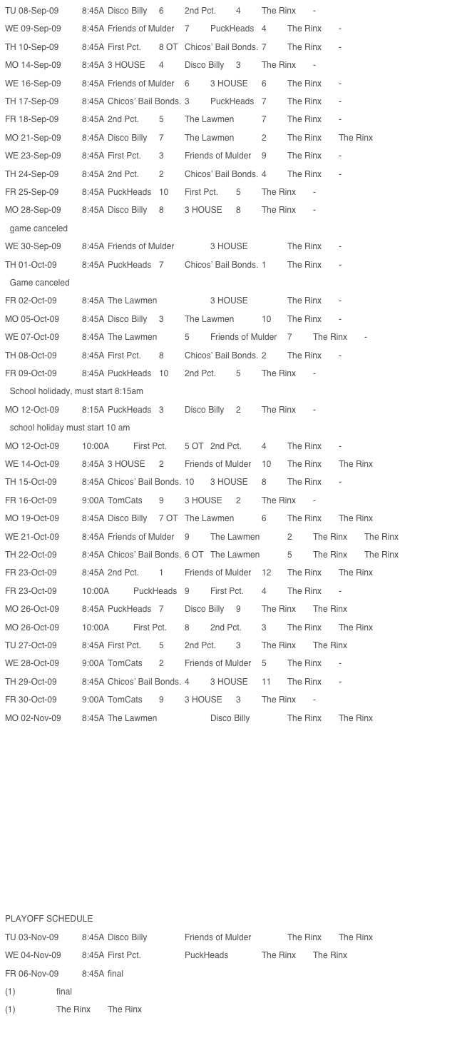 TU 08-Sep-09 	8:45A 	Disco Billy 	6 	2nd Pct. 	4  	The Rinx 	- WE 09-Sep-09 	8:45A 	Friends of Mulder 	7 	PuckHeads 	4 	The Rinx 	- TH 10-Sep-09 	8:45A 	First Pct. 	8 OT 	Chicos’ Bail Bonds. 	7 	The Rinx 	- MO 14-Sep-09 	8:45A 	3 HOUSE 	4 	Disco Billy 	3 	The Rinx 	- WE 16-Sep-09 	8:45A 	Friends of Mulder 	6 	3 HOUSE 	6 	The Rinx 	- TH 17-Sep-09 	8:45A 	Chicos’ Bail Bonds. 	3 	PuckHeads 	7 	The Rinx 	- FR 18-Sep-09 	8:45A 	2nd Pct. 	5 	The Lawmen 	7 	The Rinx 	- MO 21-Sep-09 	8:45A 	Disco Billy 	7 	The Lawmen 	2 	The Rinx 	The Rinx WE 23-Sep-09 	8:45A 	First Pct. 	3 	Friends of Mulder 	9 	The Rinx 	- TH 24-Sep-09 	8:45A 	2nd Pct. 	2 	Chicos’ Bail Bonds. 	4 	The Rinx 	- FR 25-Sep-09 	8:45A 	PuckHeads 	10 	First Pct. 	5 	The Rinx 	- MO 28-Sep-09 	8:45A 	Disco Billy 	8 	3 HOUSE 	8 	The Rinx 	-   game canceledWE 30-Sep-09 	8:45A 	Friends of Mulder 	  	3 HOUSE 	  	The Rinx 	- TH 01-Oct-09 	8:45A 	PuckHeads 	7 	Chicos’ Bail Bonds. 	1 	The Rinx 	-   Game canceledFR 02-Oct-09 	8:45A 	The Lawmen 	  	3 HOUSE 	  	The Rinx 	- MO 05-Oct-09 	8:45A 	Disco Billy 	3 	The Lawmen 	10 	The Rinx 	- WE 07-Oct-09 	8:45A 	The Lawmen 	5 	Friends of Mulder 	7 	The Rinx 	- TH 08-Oct-09 	8:45A 	First Pct. 	8 	Chicos’ Bail Bonds. 	2 	The Rinx 	- FR 09-Oct-09 	8:45A 	PuckHeads 	10 	2nd Pct. 	5 	The Rinx 	-   School holidady, must start 8:15amMO 12-Oct-09 	8:15A 	PuckHeads 	3 	Disco Billy 	2 	The Rinx 	-   school holiday must start 10 amMO 12-Oct-09 	10:00A 	First Pct. 	5 OT 	2nd Pct. 	4 	The Rinx 	- WE 14-Oct-09 	8:45A 	3 HOUSE 	2 	Friends of Mulder 	10 	The Rinx 	The Rinx TH 15-Oct-09 	8:45A 	Chicos’ Bail Bonds. 	10 	3 HOUSE 	8 	The Rinx 	- FR 16-Oct-09 	9:00A 	TomCats 	9 	3 HOUSE 	2 	The Rinx 	- MO 19-Oct-09 	8:45A 	Disco Billy 	7 OT 	The Lawmen 	6 	The Rinx 	The Rinx WE 21-Oct-09 	8:45A 	Friends of Mulder 	9 	The Lawmen 	2 	The Rinx 	The Rinx TH 22-Oct-09 	8:45A 	Chicos’ Bail Bonds. 	6 OT 	The Lawmen 	5 	The Rinx 	The Rinx FR 23-Oct-09 	8:45A 	2nd Pct. 	1 	Friends of Mulder 	12 	The Rinx 	The Rinx FR 23-Oct-09 	10:00A 	PuckHeads 	9 	First Pct. 	4 	The Rinx 	- MO 26-Oct-09 	8:45A 	PuckHeads 	7 	Disco Billy 	9 	The Rinx 	The Rinx MO 26-Oct-09 	10:00A 	First Pct. 	8 	2nd Pct. 	3 	The Rinx 	The Rinx TU 27-Oct-09 	8:45A 	First Pct. 	5 	2nd Pct. 	3 	The Rinx 	The Rinx WE 28-Oct-09 	9:00A 	TomCats 	2 	Friends of Mulder 	5 	The Rinx 	- TH 29-Oct-09 	8:45A 	Chicos’ Bail Bonds. 	4 	3 HOUSE 	11 	The Rinx 	- FR 30-Oct-09 	9:00A 	TomCats 	9 	3 HOUSE 	3 	The Rinx 	- MO 02-Nov-09 	8:45A 	The Lawmen 	  	Disco Billy 	  	The Rinx 	The Rinx 																																																																																																																																																																																																																																																																																															PLAYOFF SCHEDULETU 03-Nov-09 	8:45A 	Disco Billy 	  	Friends of Mulder 	  	The Rinx 	The Rinx WE 04-Nov-09 	8:45A 	First Pct. 	  	PuckHeads 	  	The Rinx 	The Rinx FR 06-Nov-09 	8:45A 	final(1) 	  	final(1) 	  	The Rinx 	The Rinx 							